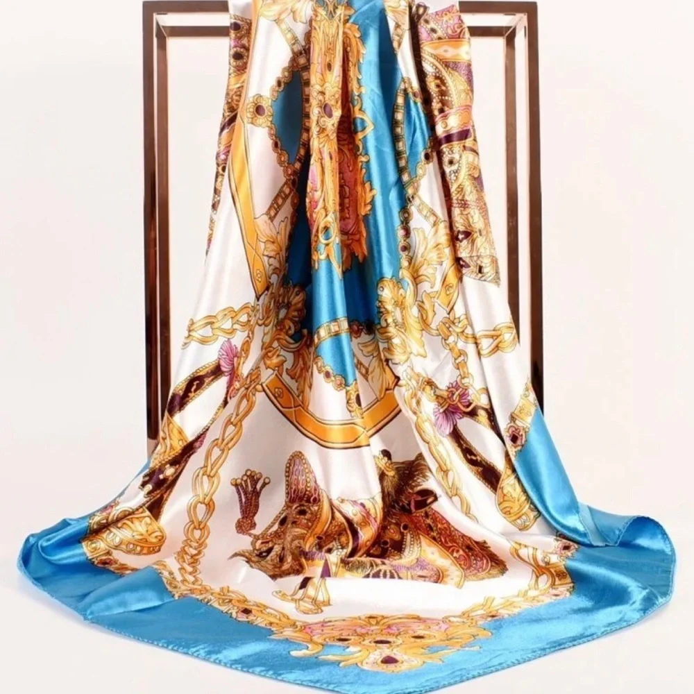 Scarf Square Satin Charmeuse 36 inches Turquoise Aqua Blue Gold Chain Design